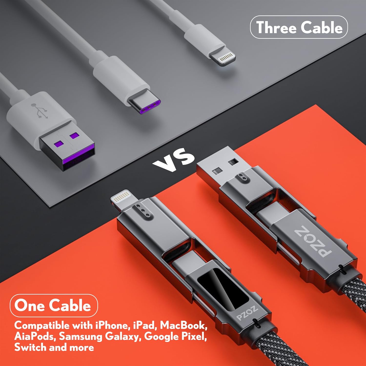 4-in-1 USB C Fast Charging Cable with LED Display, Multi USBC Charger Combo Lightning/Type C/USB A Metal Ports for iPhone 15/14 Pro Max iPad MacBook AirPods Pro Samsung Google (60W, 5 ft)