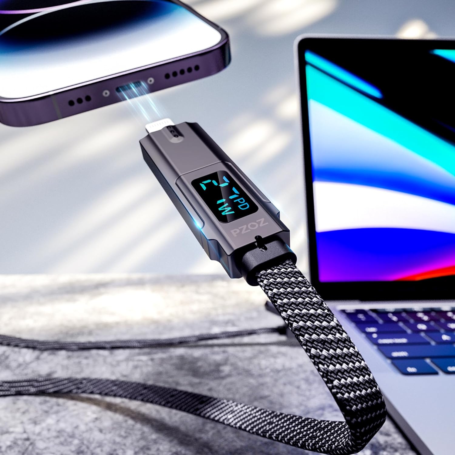4-in-1 USB C Fast Charging Cable with LED Display, Multi USBC Charger Combo Lightning/Type C/USB A Metal Ports for iPhone 15/14 Pro Max iPad MacBook AirPods Pro Samsung Google (60W, 5 ft)