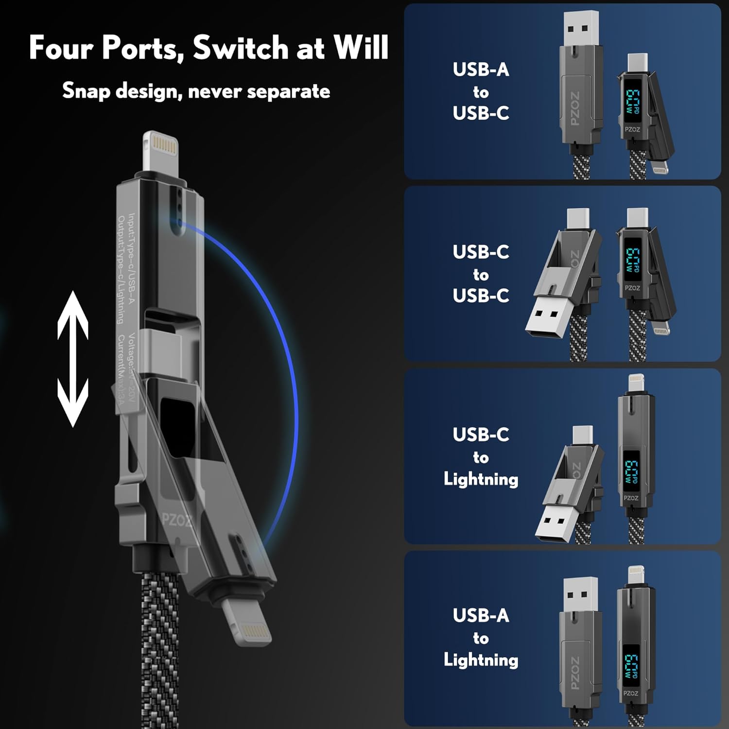 4-in-1 USB C Fast Charging Cable with LED Display, Multi USBC Charger Combo Lightning/Type C/USB A Metal Ports for iPhone 15/14 Pro Max iPad MacBook AirPods Pro Samsung Google (60W, 5 ft)