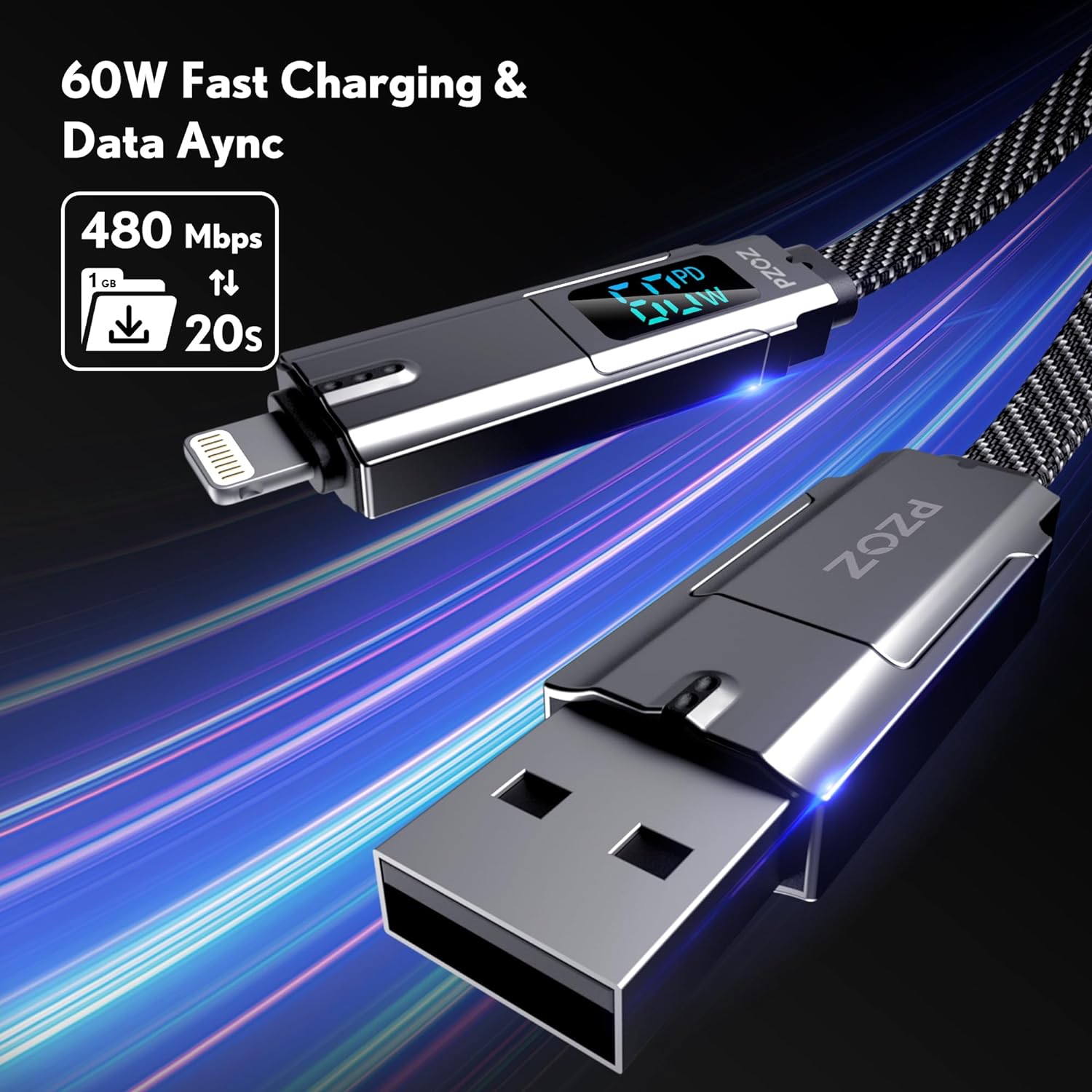 4-in-1 USB C Fast Charging Cable with LED Display, Multi USBC Charger Combo Lightning/Type C/USB A Metal Ports for iPhone 15/14 Pro Max iPad MacBook AirPods Pro Samsung Google (60W, 5 ft)