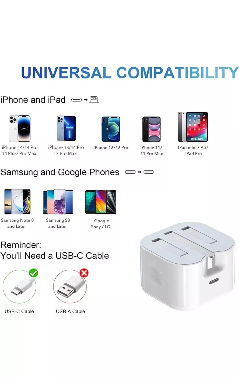 20Watt Type-C PD Power Adapter Plug For Apple iPhone Folding Pins Charger UK